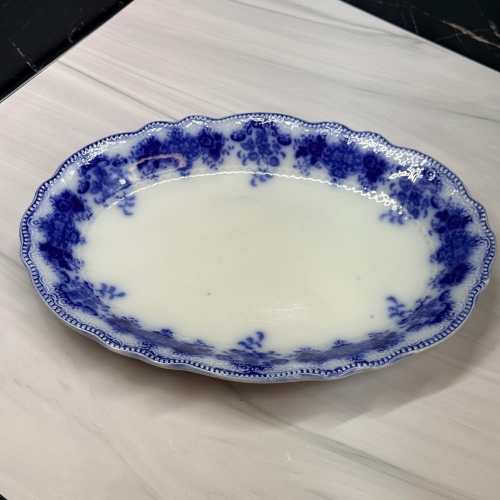 W.H. Grindley Clarence Flow Blue Oval Platter Scalloped Ironstone England 14.5